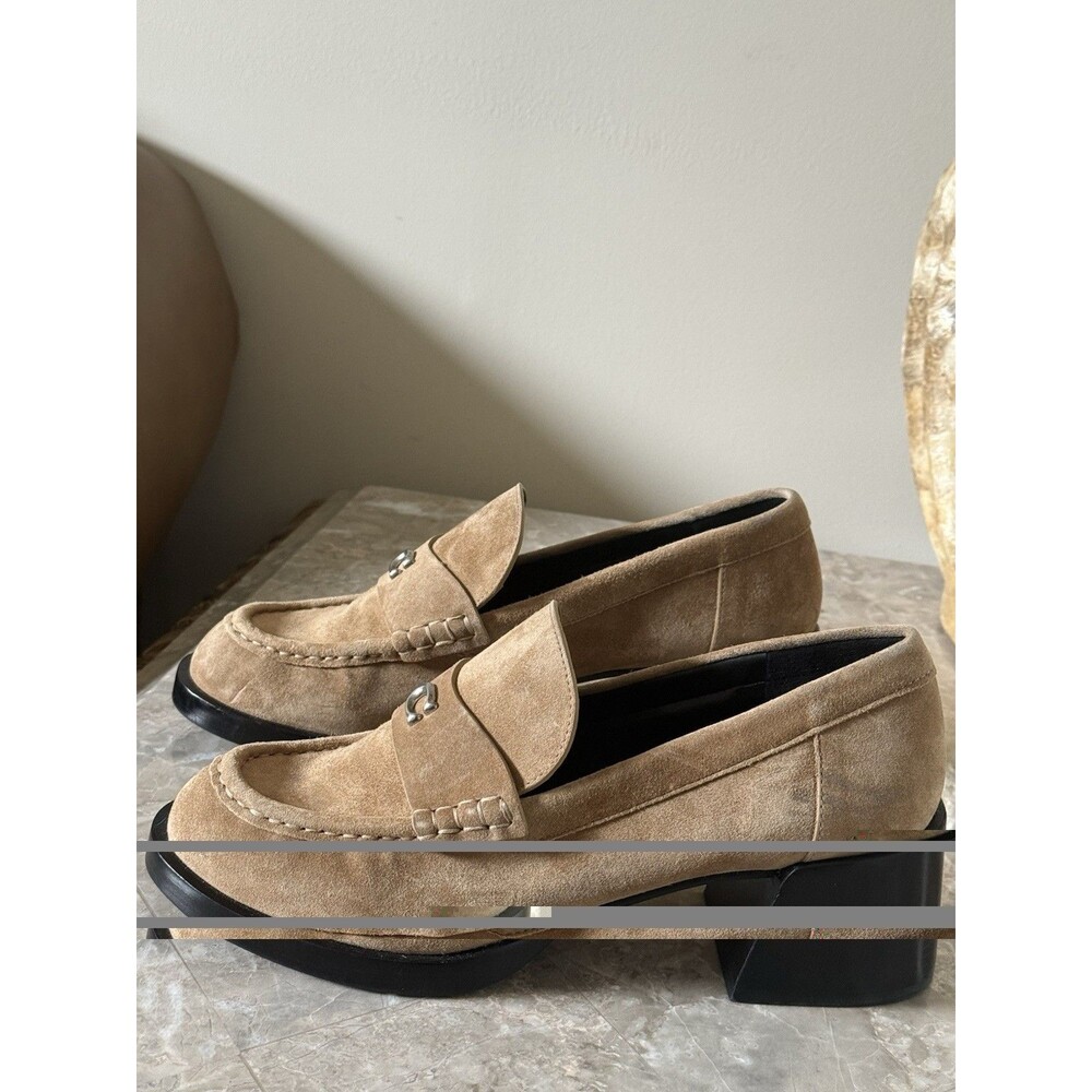 Coach CU227 Women’s 9B Tan Suede Heeled Loafers Sculpted C Chunky Heel